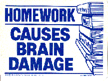 Plastic poster that says Homework Causes Brain Damage