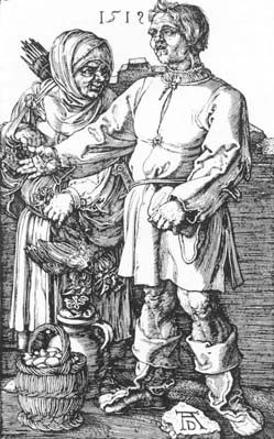 Durer engraving of peasant couple at market, 1512.