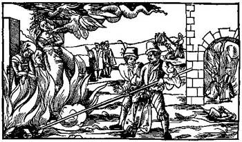 Woodcut of witch burning 1555.