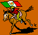 Zapatista with flag on running horse (a play on the polo shirt image)